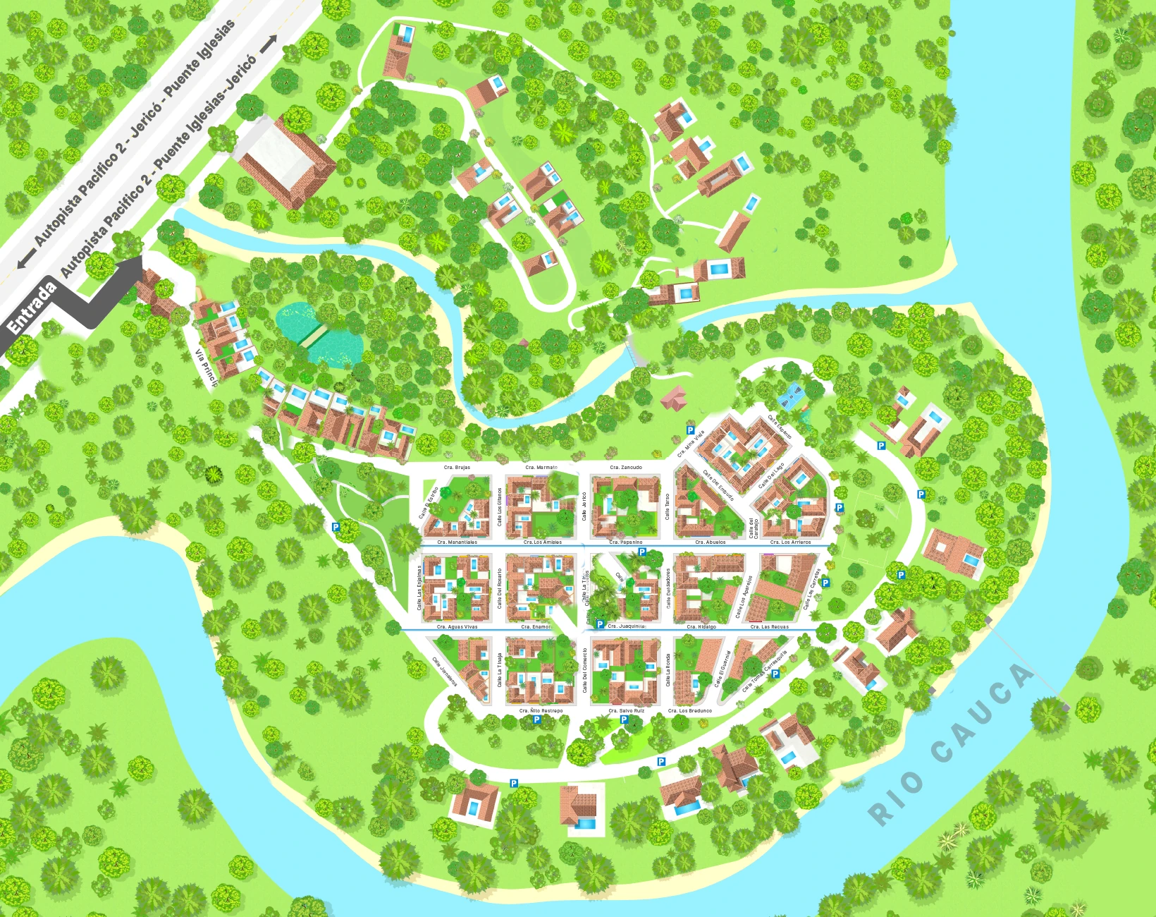 Mapa ilustrado del pueblo privado Cauca Viejo con las casas del portafolio
